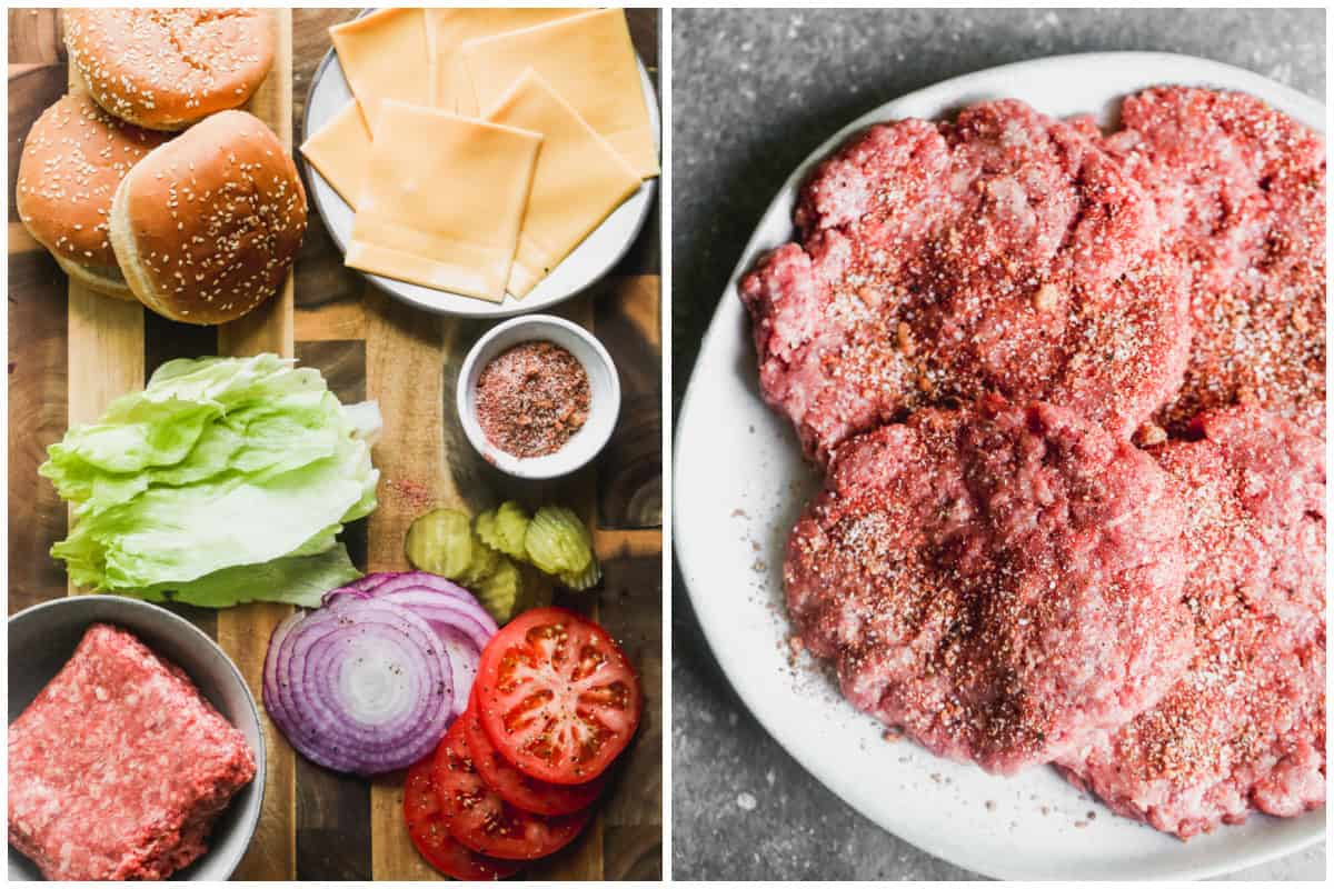 Two images showing all the ingredients for the best hamburger recipe for grilling then uncooked patties with the best burger spices.
