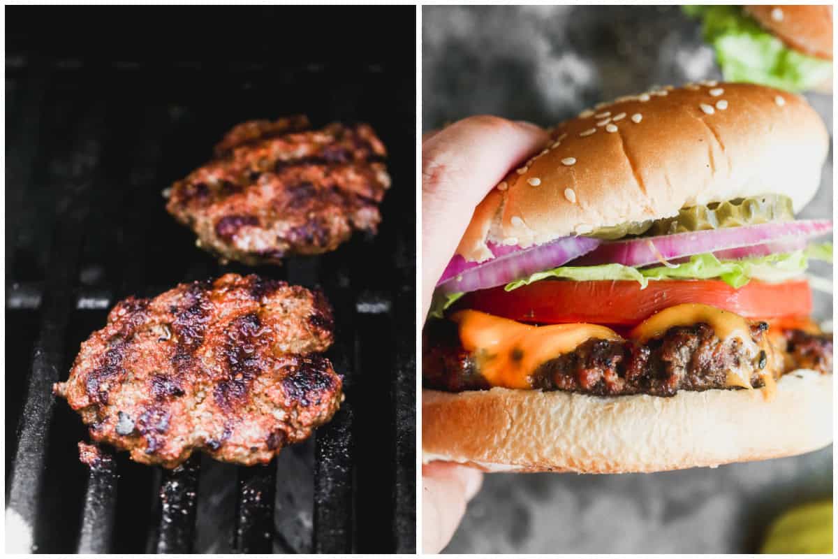 Two images showing homemade burger patties being grilled then the burger all assembled and ready to eat.