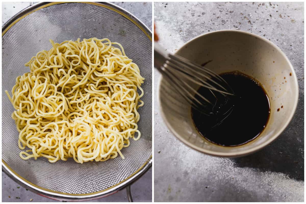 Two images showing pancit noodles being drained, and a simple soy sauce vinaigrette being whisked in a small bowl.