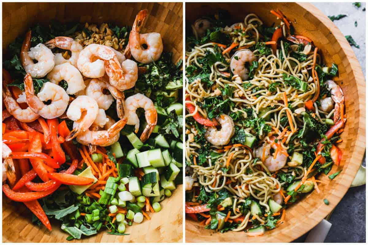 Two images showing an Asian Cold Noodle Salad inspired recipe with fresh veggies and shrimp, then after the pasta and vinaigrette is added.