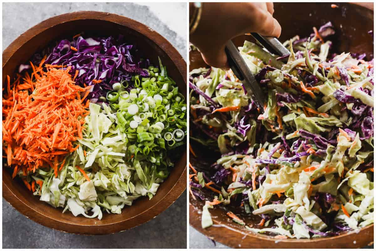 Two images showing all the veggies in a bowl for homemade coleslaw, then after it's tossed together. 