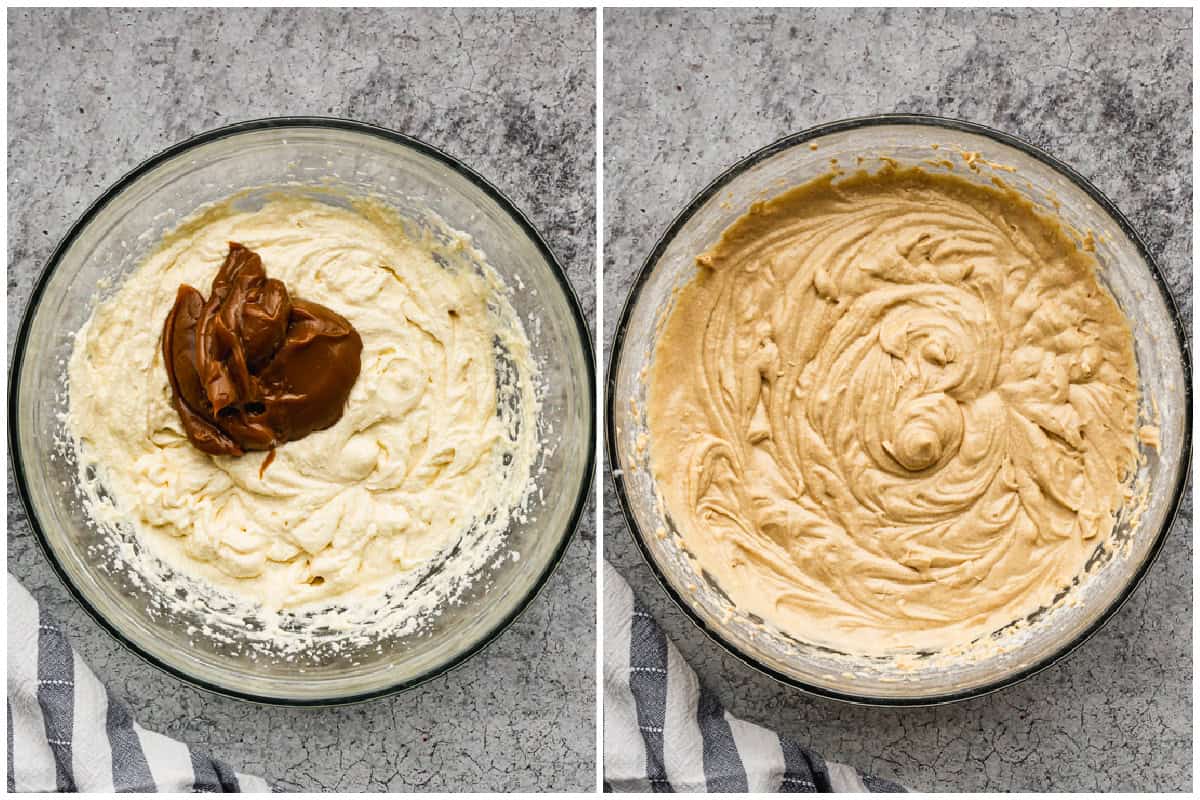 Two images showing the batter for the best Dulce de Leche Cake being made.