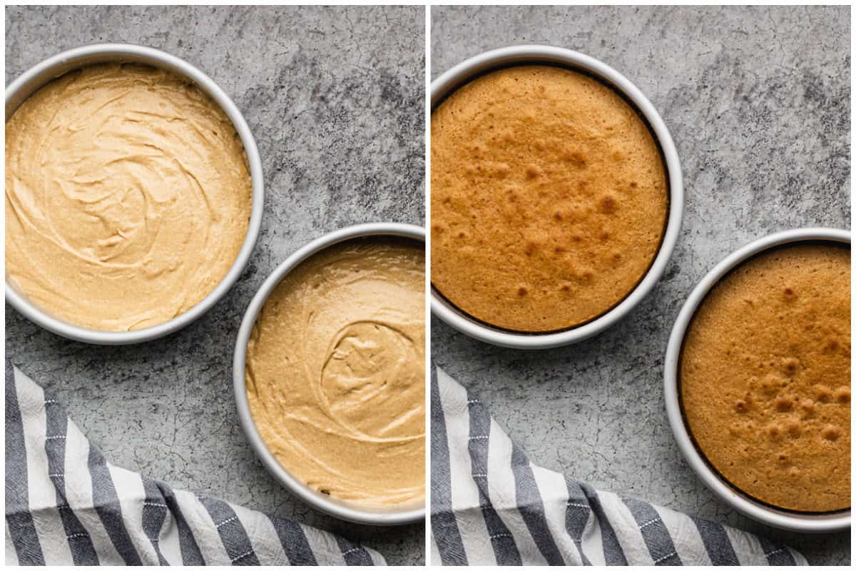 Two images showing Dulce de Leche Cake before and after it's baked.