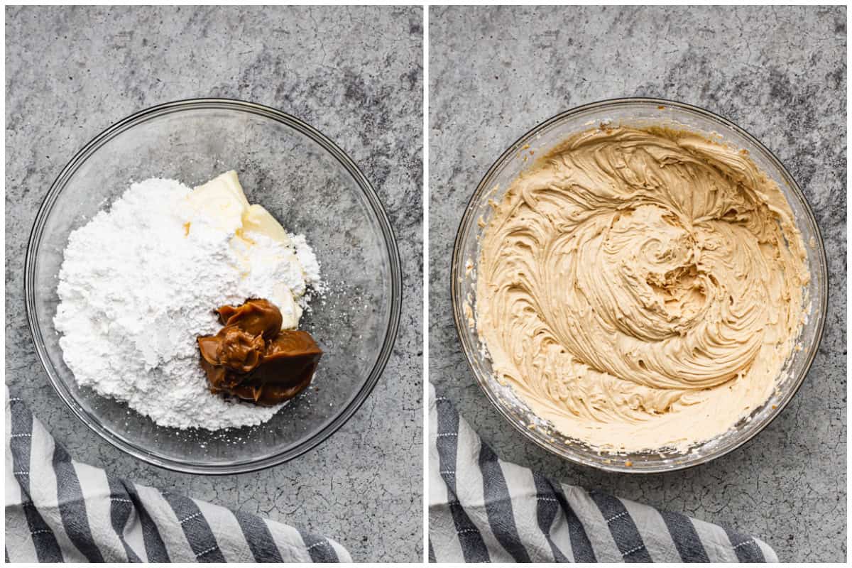 Two images showing homemade Dulce de Leche frosting before and after it's mixed.