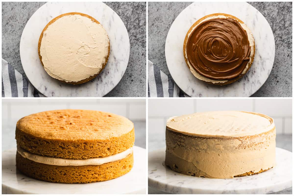 Four images showing a Dulce de Leche Cake filling and after it's assembled and finished with a crumb coat.