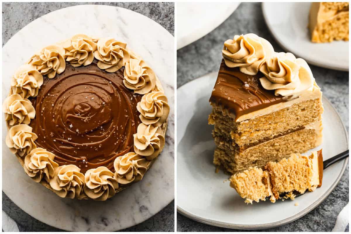 Two images showing an irresistable homemade Dulce de Leche Cake and then after one slice is served on a plate with a bite on a fork.
