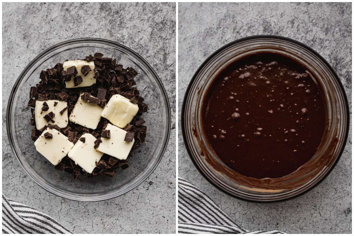 Two images showing butter and chocolate in a bowl to be melted then after other ingredients are added to make an easy flourless chocolate cake batter.