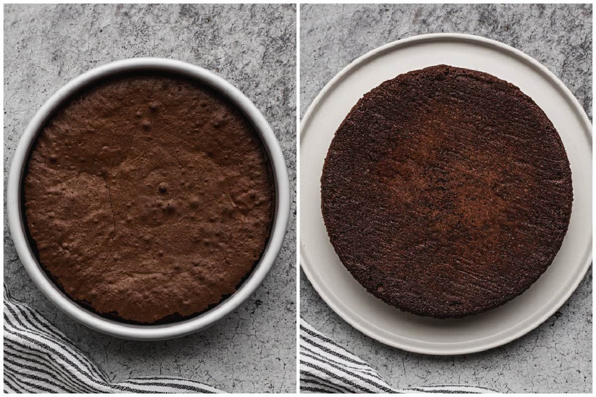 Two images of a baked gluten free flourless chocolate cake in the pan, then after it's inverted on a serving tray.