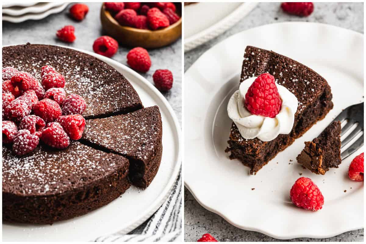 Two images of a fluffy flourless chocolate cake on a platter with a dusting of powdered sugar and raspberries, then after a piece is served on a plate with a bite on a fork. 