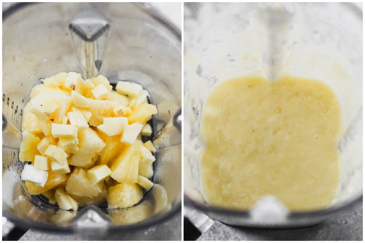 Two images showing pineapple, ginger, and water being blended for easy ginger shots.