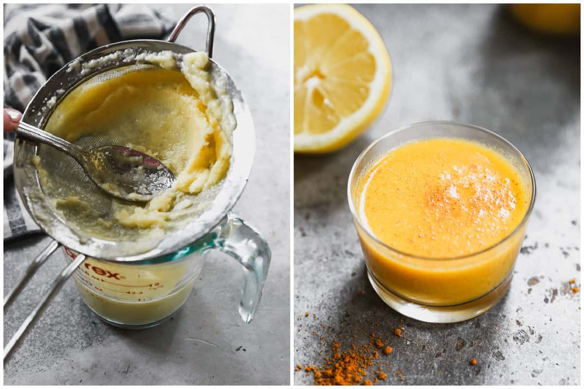 Two images showing how to make ginger shots by straining the mixture then serving in a small glass with a dusting of turmeric. 