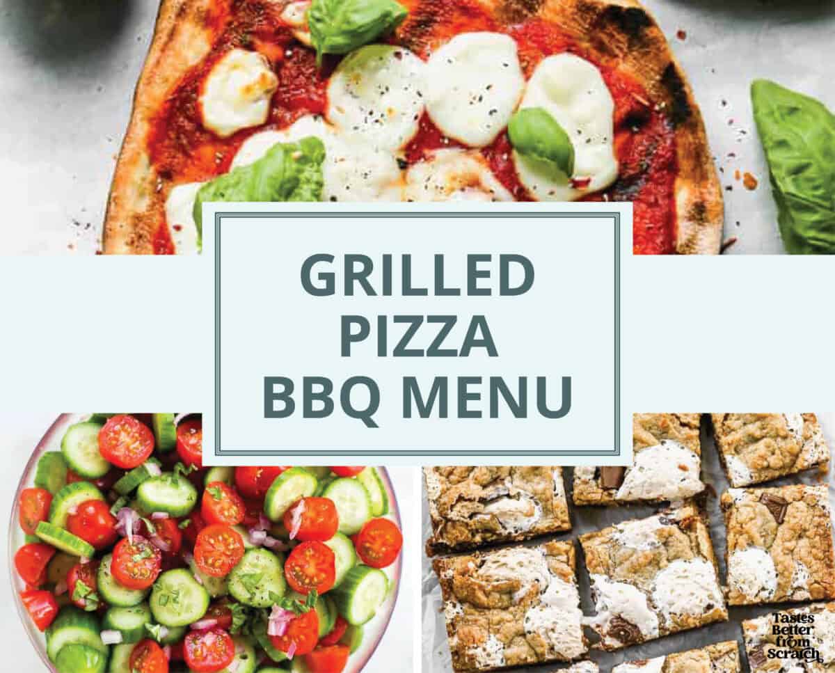 A collage image for a simple BBQ menu idea with grilled pizza, tomato cucumber salad, and s'mores bars.