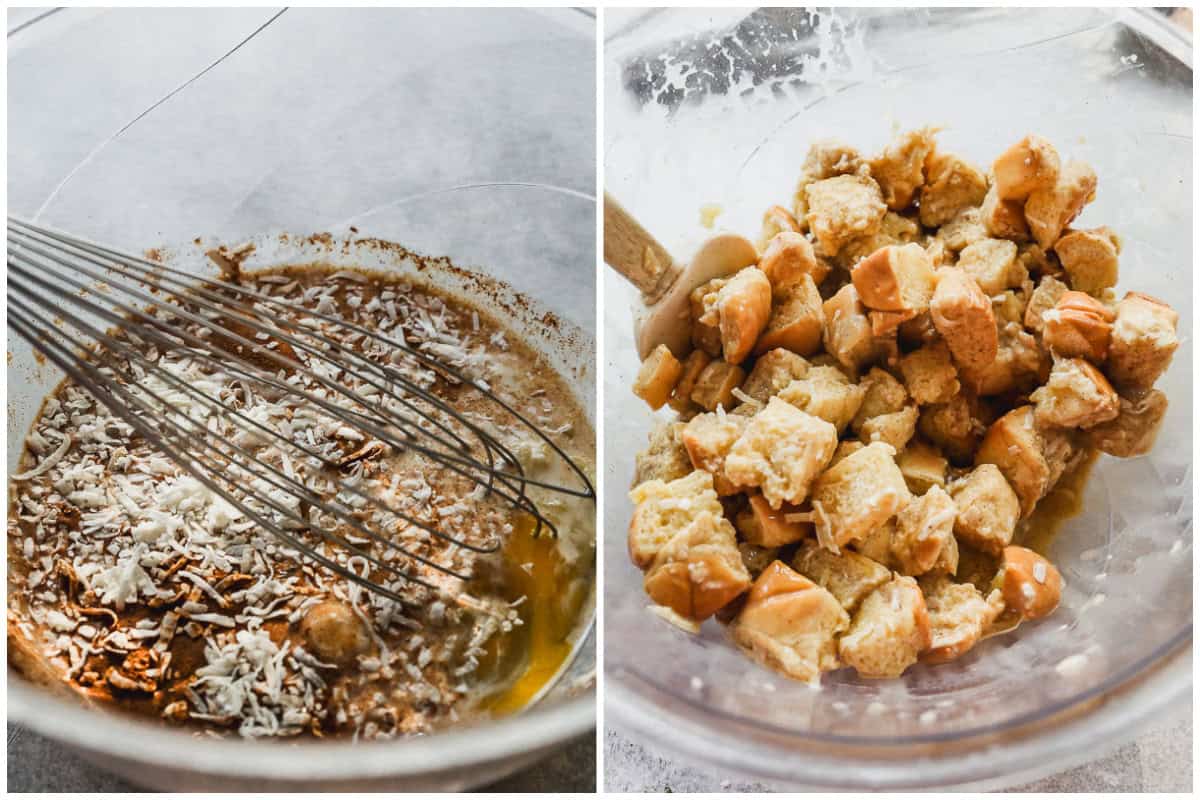 Two images showing batter for a pineapple french toast casserole being mixed, then after the bread is added and coated. 