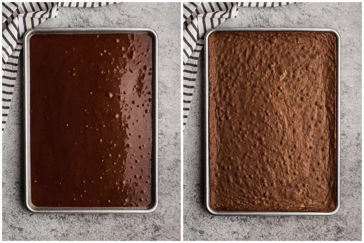 Two images showing brownies being baked in a half sheet pan to use for the best ice cream sandwiches.