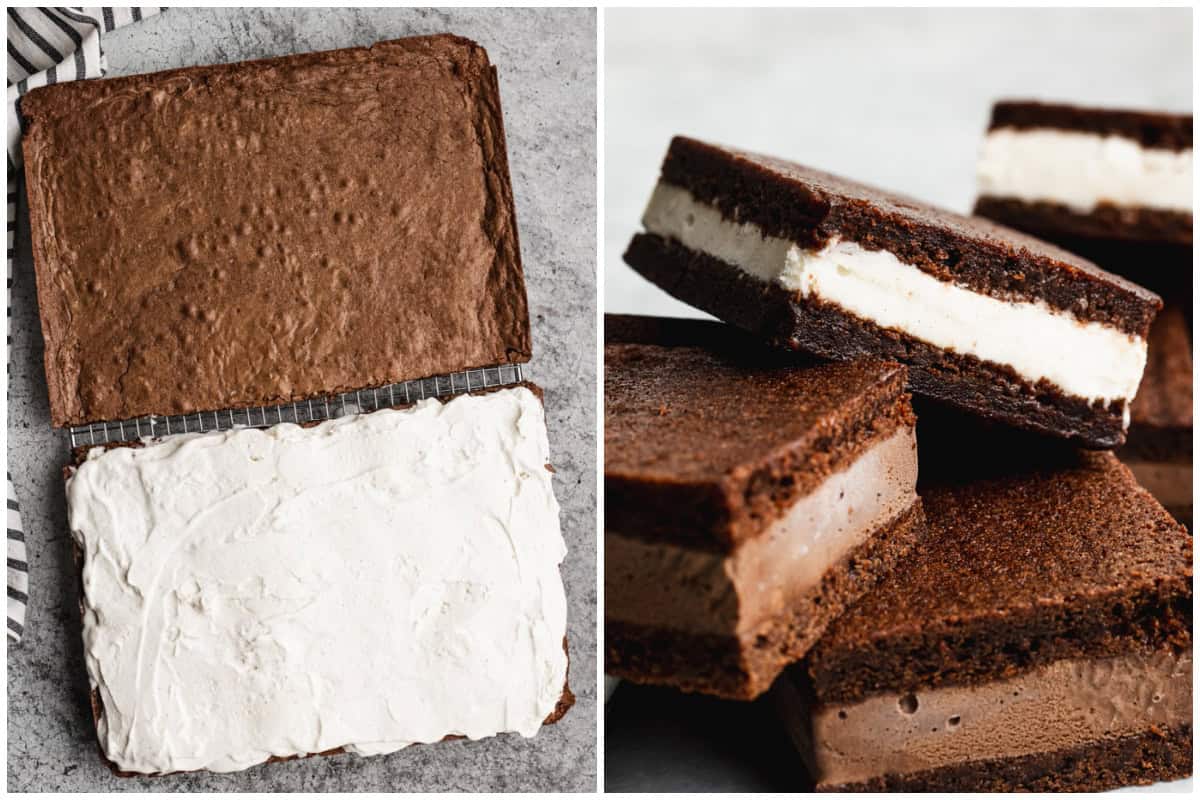 Two images showing vanilla ice cream being spread on top of half of a pan of brownies then after the chocolate and vanilla ice cream sandwiches are cut and ready to serve.