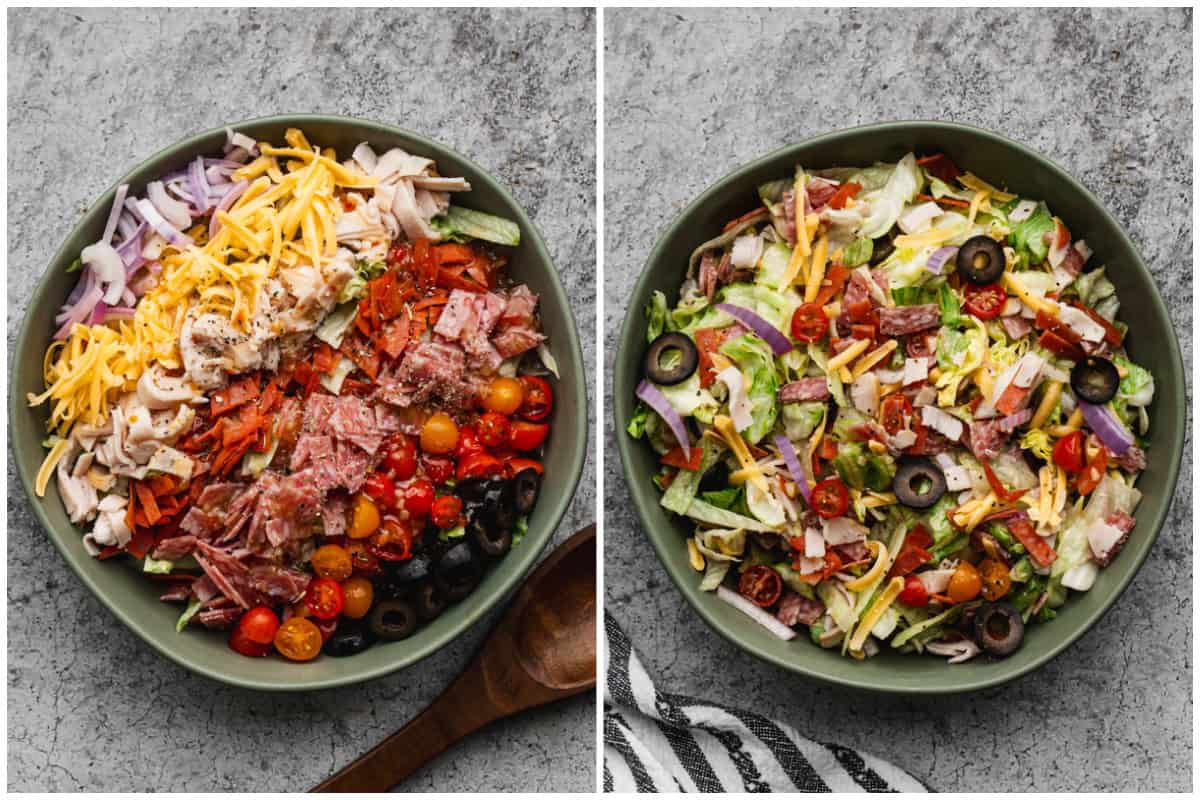 Two images of all of the ingredients needed for a grinder salad, all chopped on a plate, then after it's all tossed together in a dressing.