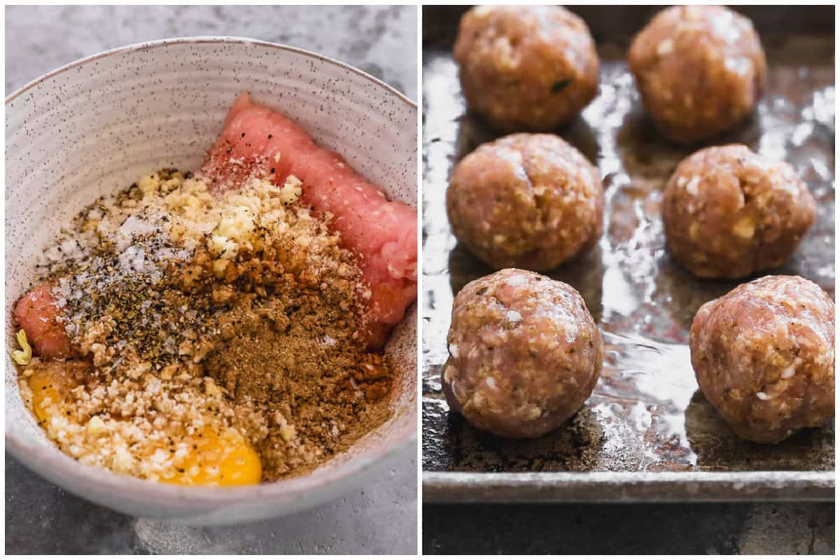 Two images showing all the ingredients needed for turkey meatballs in a bowl, then after they are shaped and placed on a sheet pan.