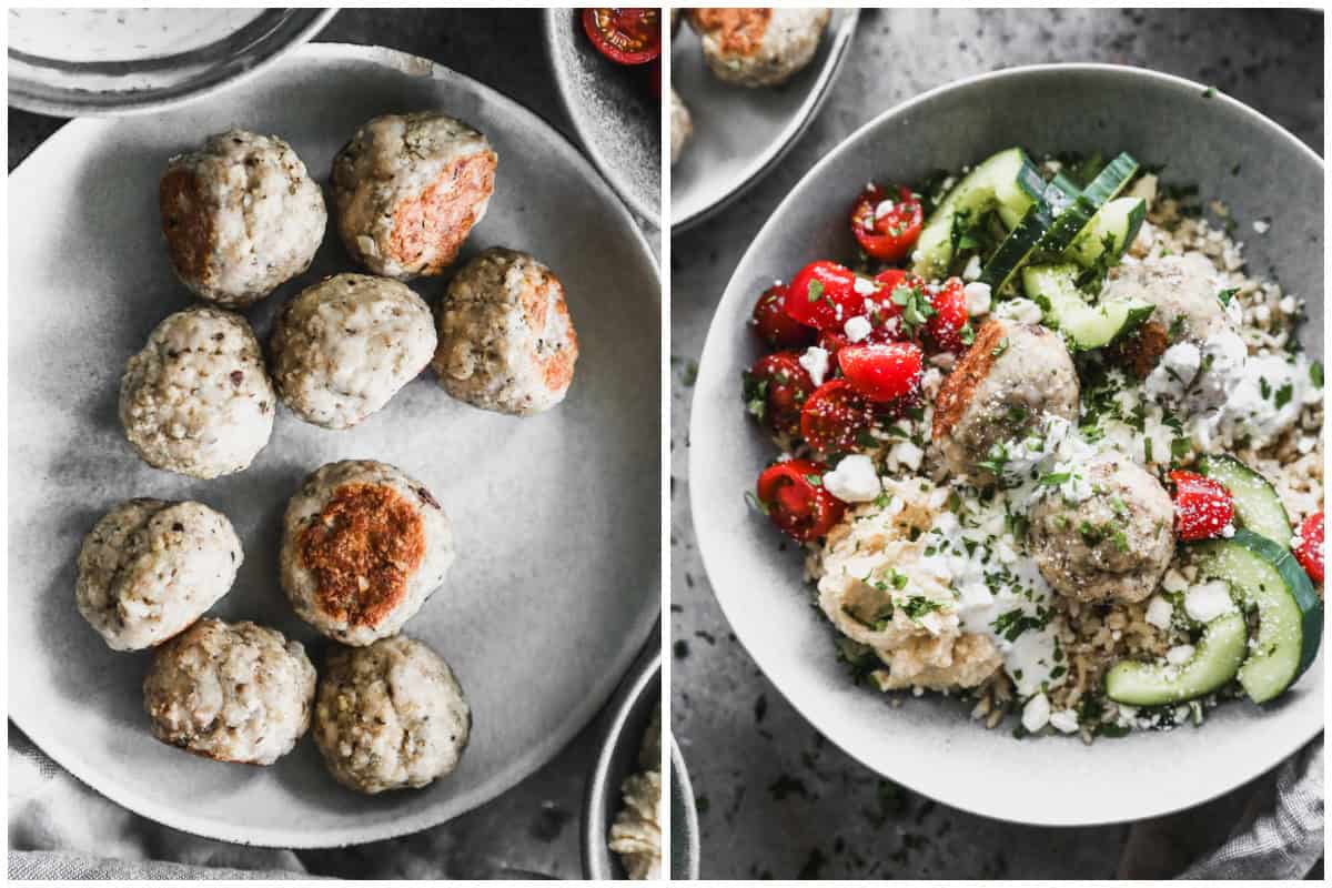Two images showing cooked mediterranean turkey meatballs, then after they are served over rice and veggies and tzatziki sauce added for a homemade mediterranean meatball bowl.
