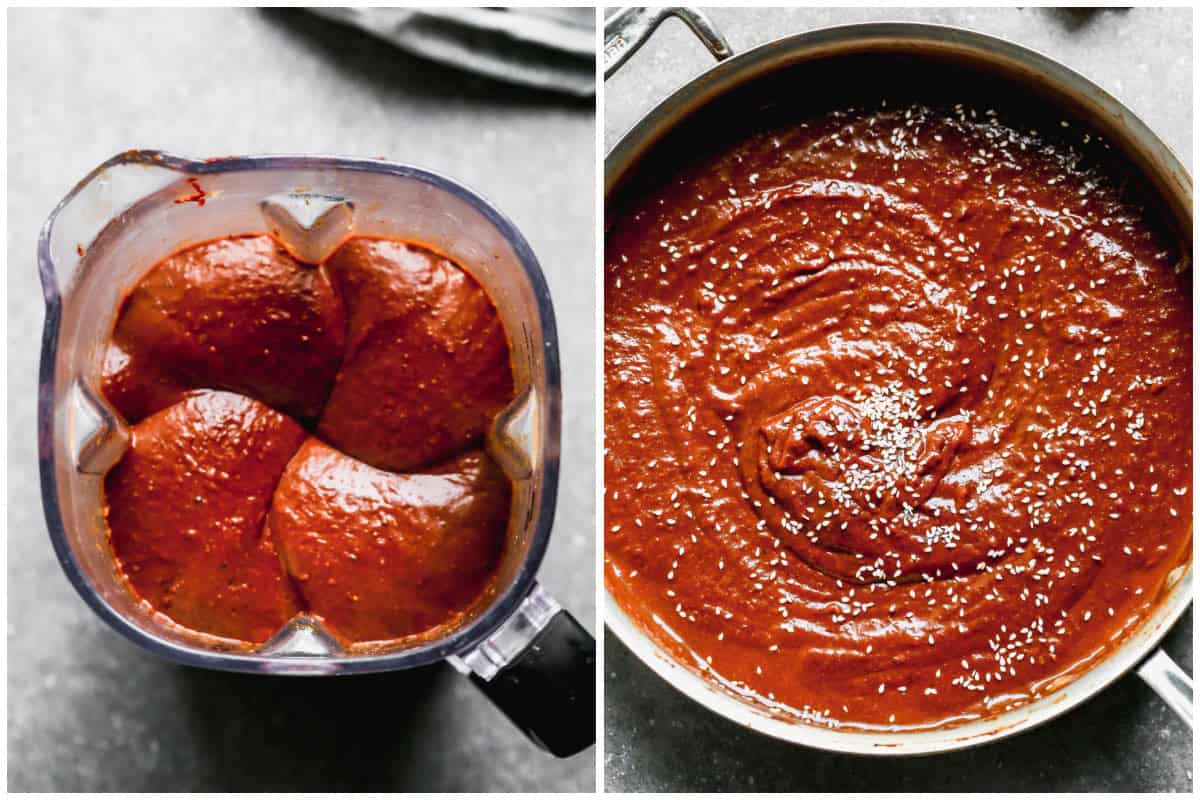 Two images showing a Mexican mole sauce being blended and then cooked over a pan.