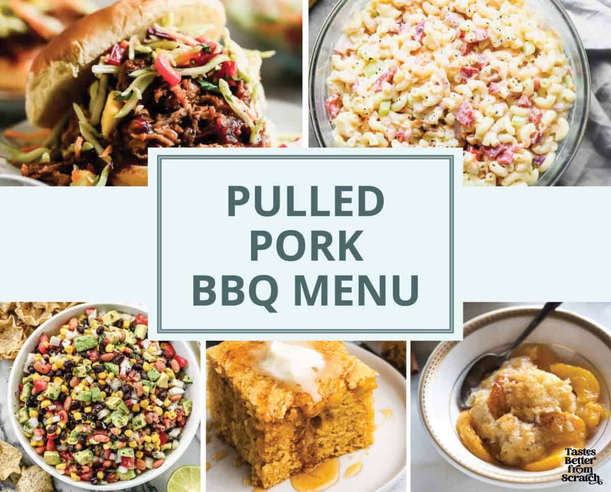 A collage image showing a bbq restaurant menu idea that will wow any guests with pulled pork sandwiches, macaroni salad, buttermilk cornbread, and peach cobbler for dessert.