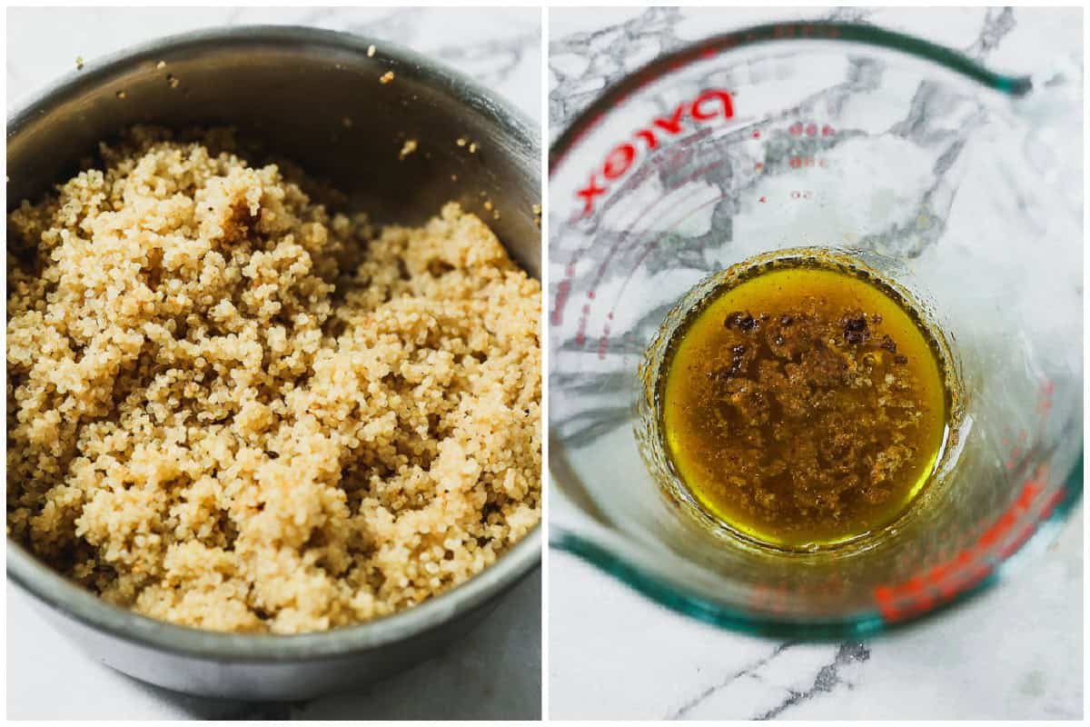 Cooked quinoa in a pot, next to another photo of quinoa salad dressing mixed together in a cup.