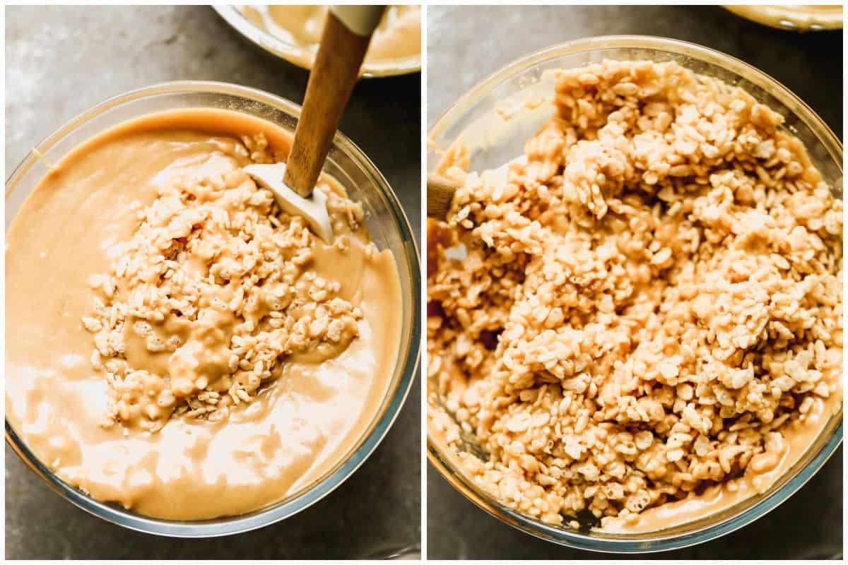 Two images showing the sticky sugar mixture being stirred into rice krispies to make an easy scotcheroos recipe.