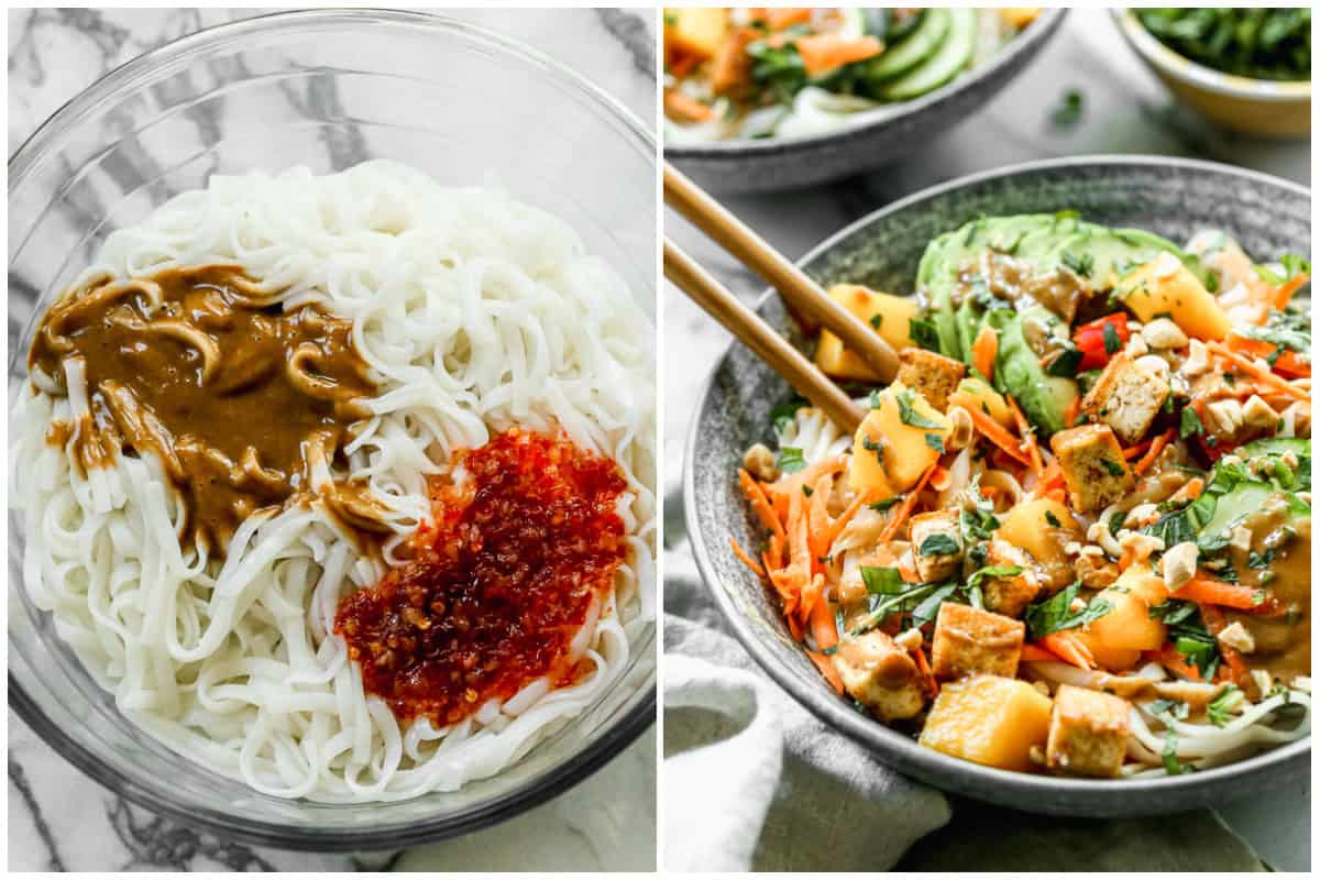 Two images with rice noodles with peanut sauce and sweet chili sauce on top, then an easy spring roll bowl all assembled and being served with chopsticks.