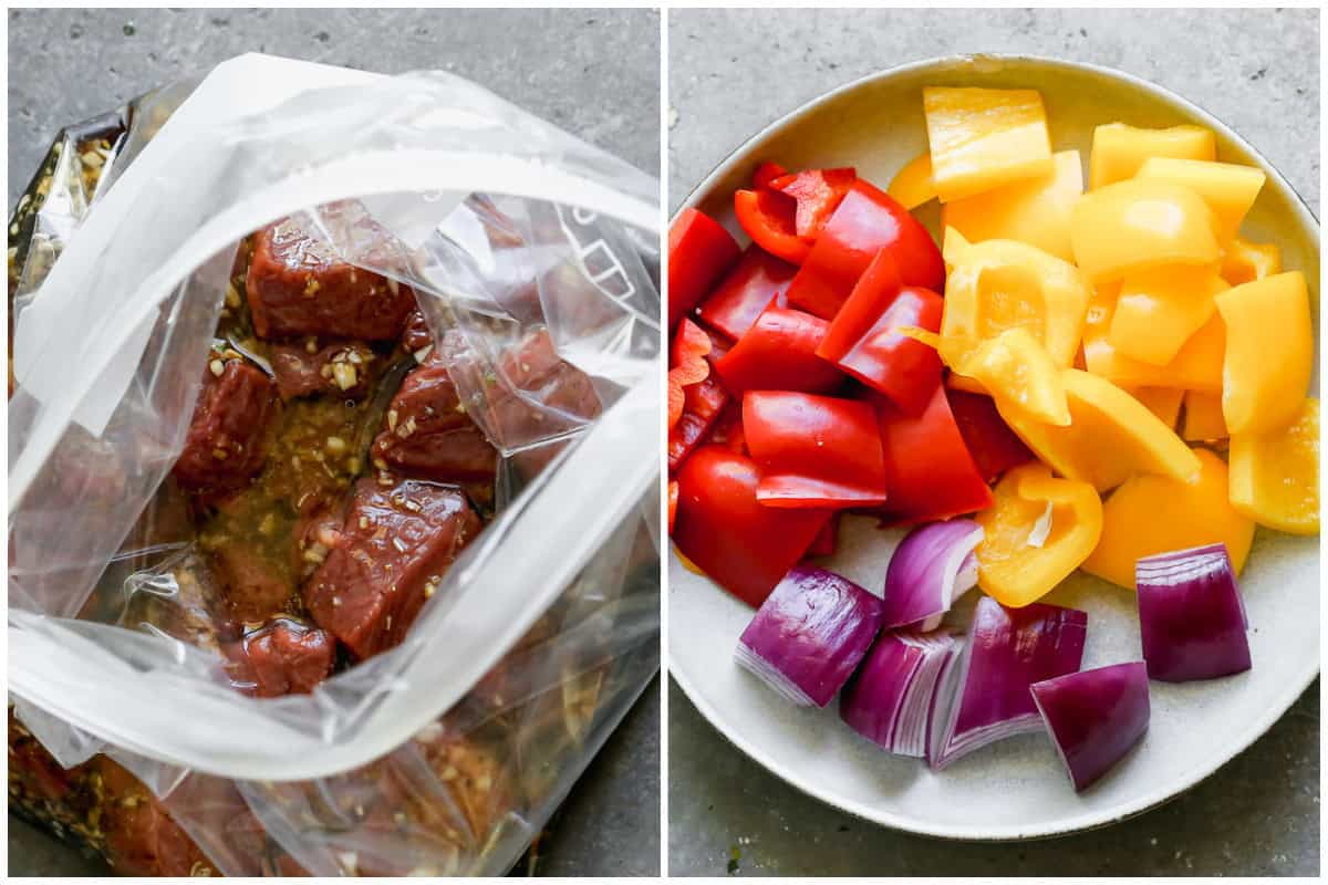 Two images showing a top sirloin steak cut into cubes and in a plastic bag, marinating then a plate with chopped bell peppers and red onion. 