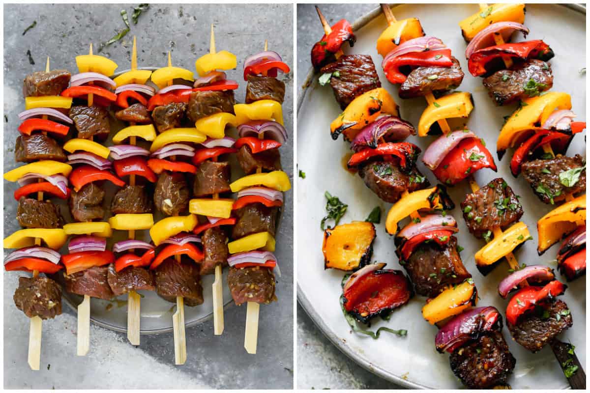 Two images showing the best Steak Kabobs recipe before and after it's grilled. 