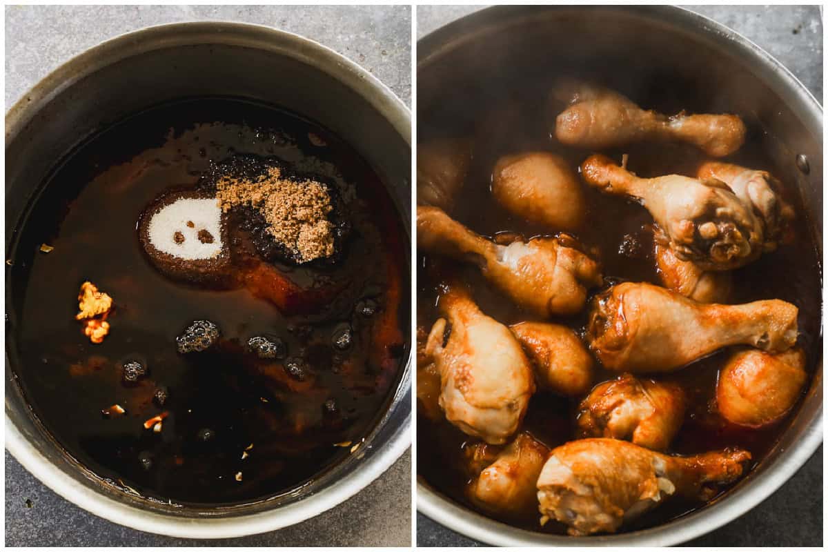 Two images showing how to make BBQ Chicken Drumsticks by making a homemade BBQ sauce and cooking the drumsticks in the sauce.