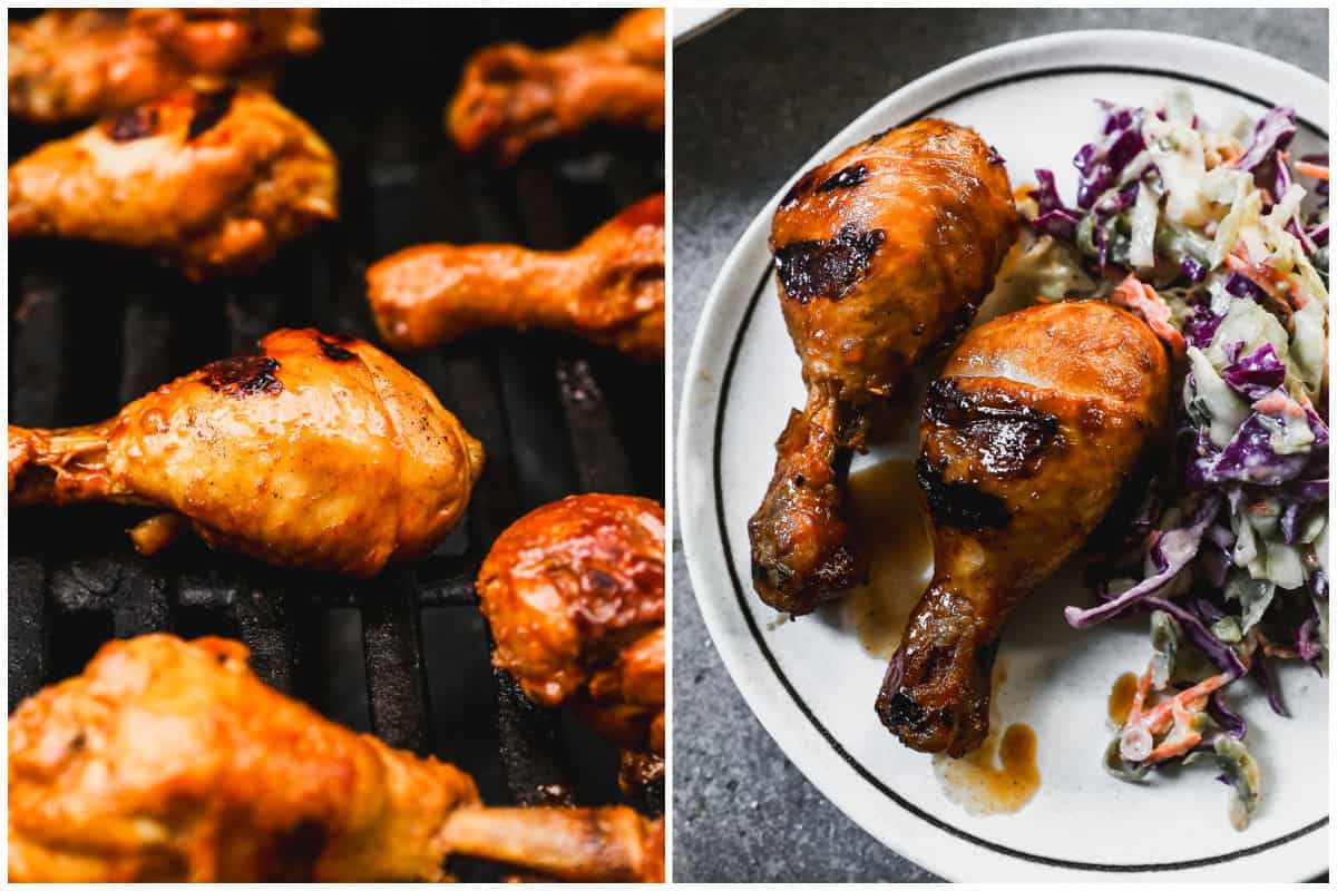 A Chicken Drumsticks recipe being grilled and served with coleslaw. 