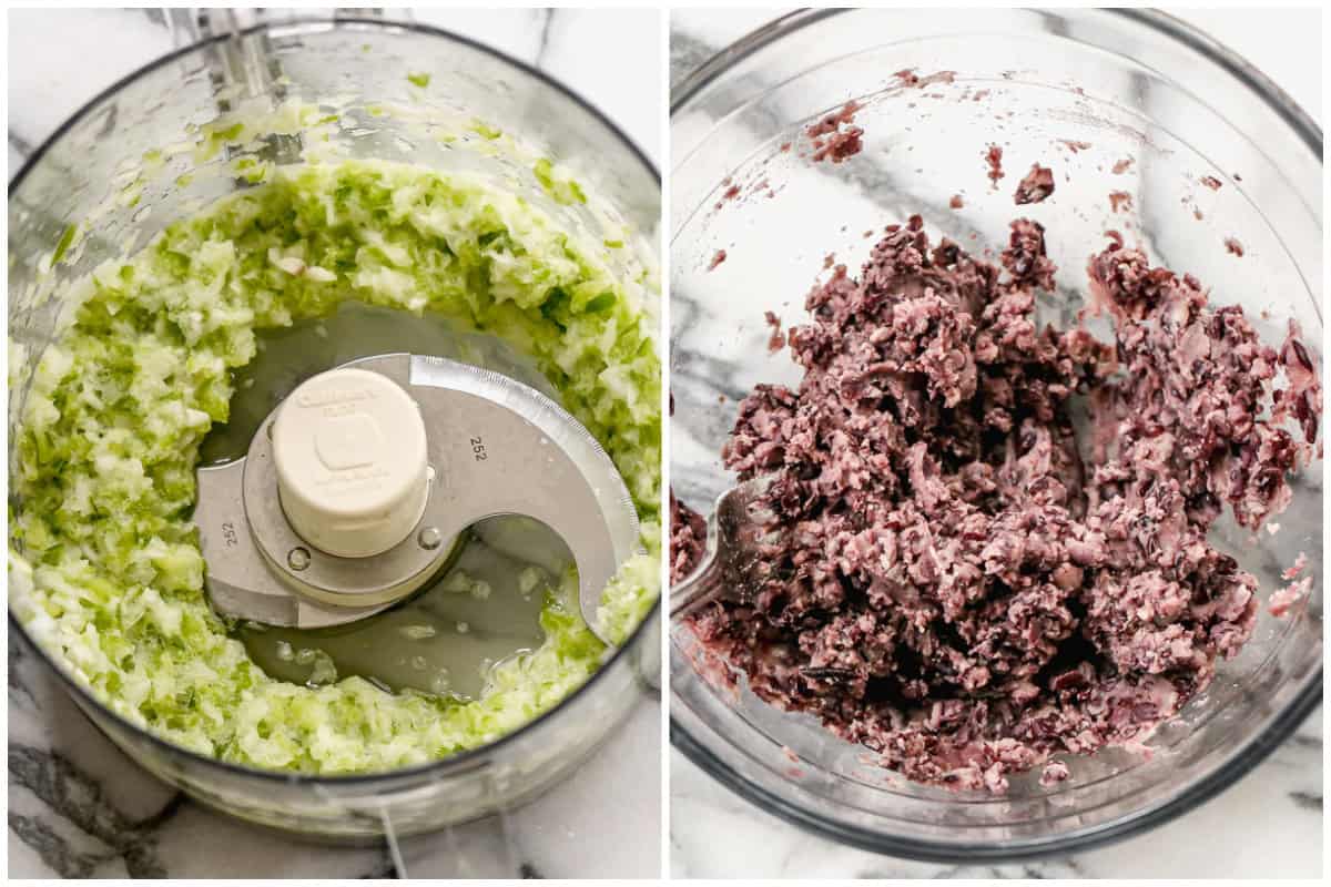 Two images showing green bell pepper, onion, and garlic finely chopped in a food processor, then black beans mashed in a glass mixing bowl.