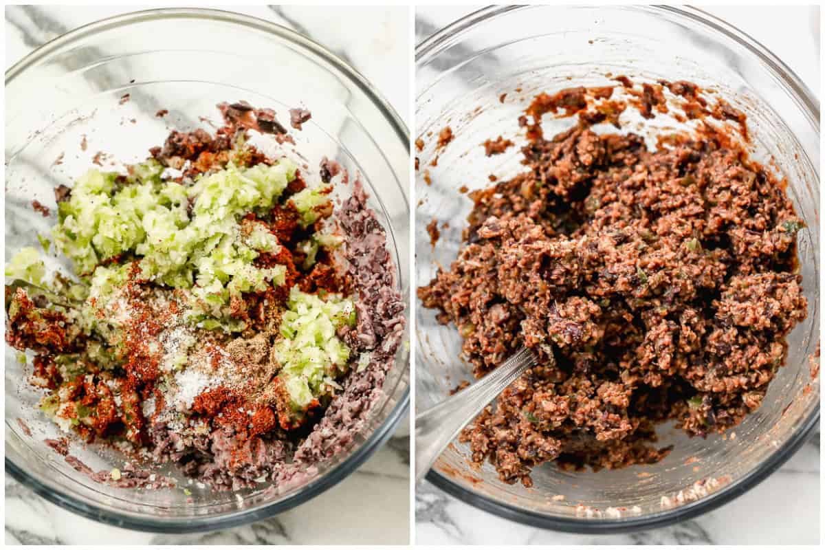 Two images showing all the ingredients in a bowl for homemade Black Bean Burgers before and after they are combined. 