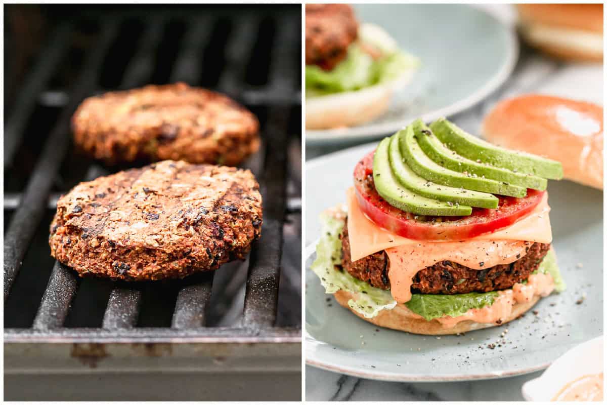 Two images showing simple black bean burgers being grilled, then after it's on a hamburger bun with toppings, with the top bun removed to show the toppings. 