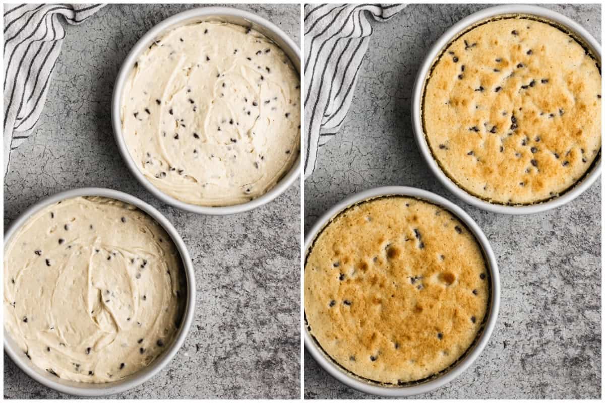 Two images showing a Cannoli birthday cake before and after it's baked.