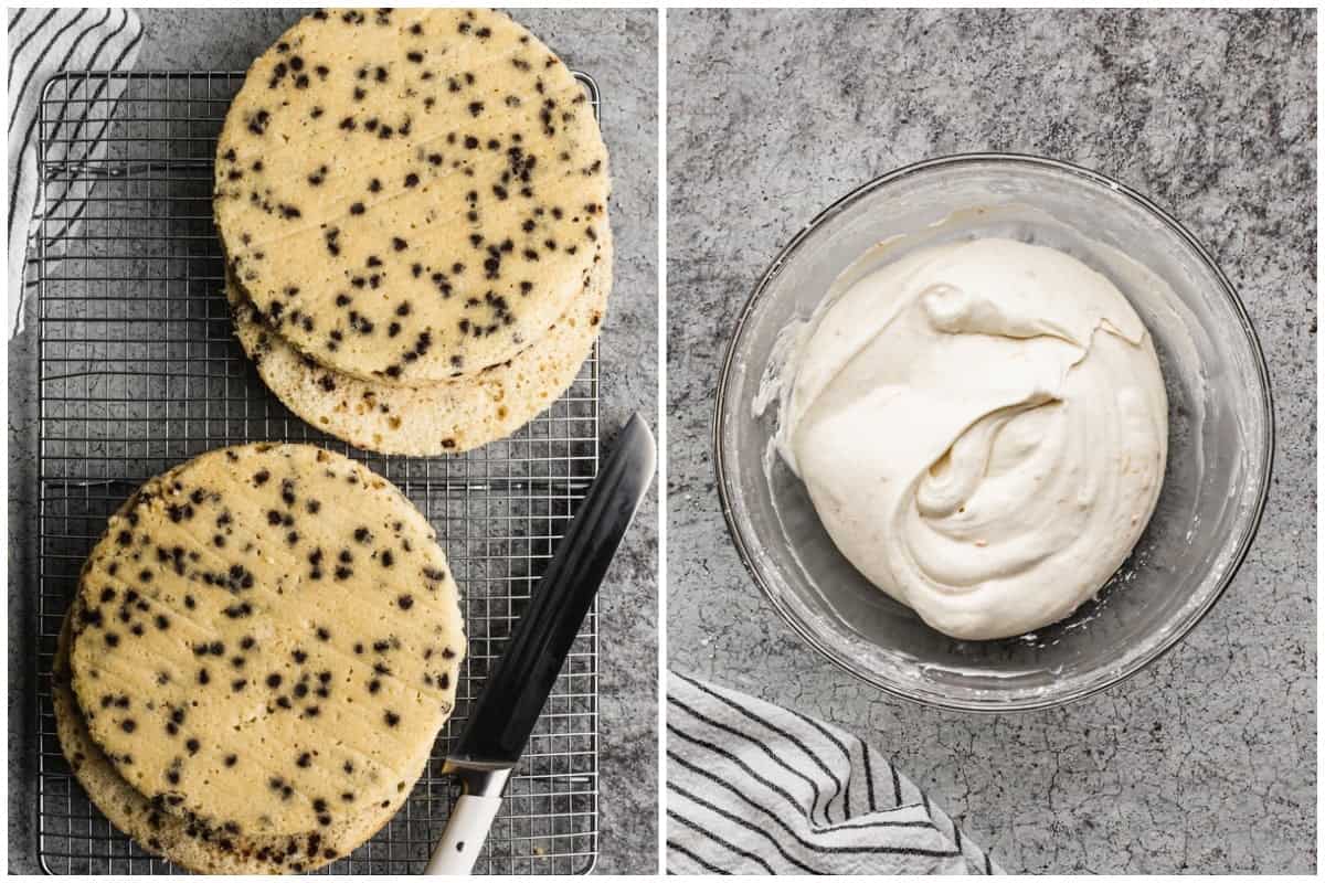 Two images showing cannoli cake rounds sliced in half and a homemade whipped frosting.
