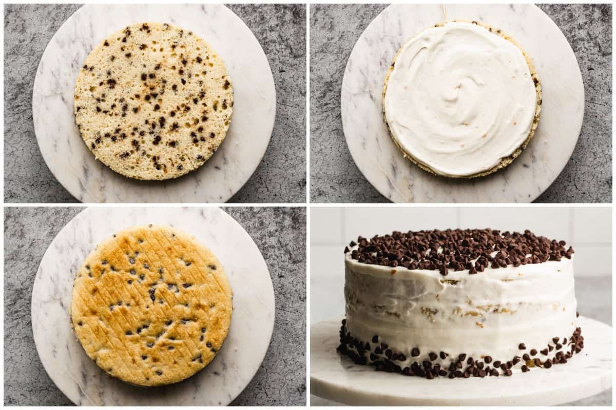 Four images showing how to assemble the best cannoli cake recipe until it's ready to serve.
