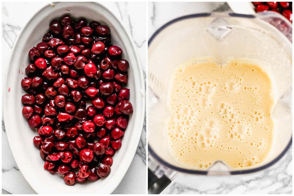 Two images showing fresh, sweet pitted cherries in an oval baking dish and a batter blended in the blender.