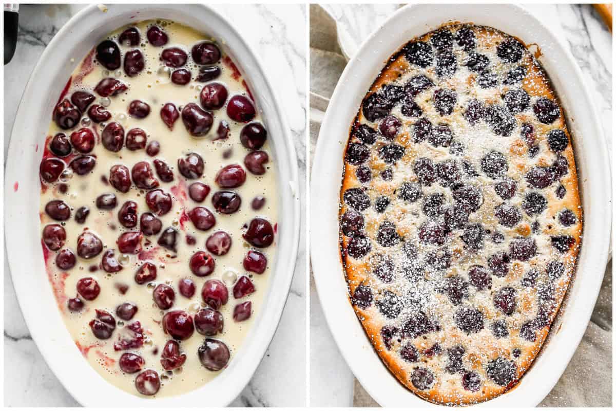 Two images showing the best Cherry Clafoutis recipe before and after baking. 