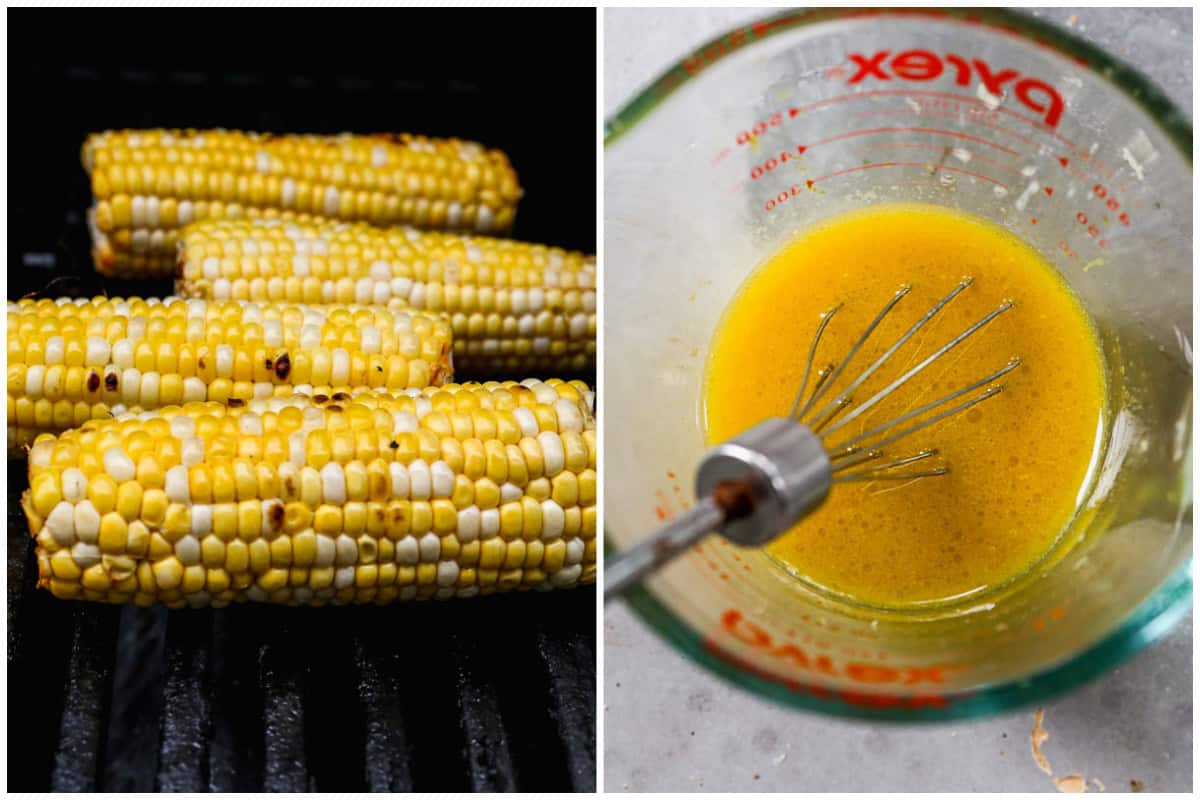 Two images showing corn being grilled and a simple dressing stirred together for an avocado corn salad. 