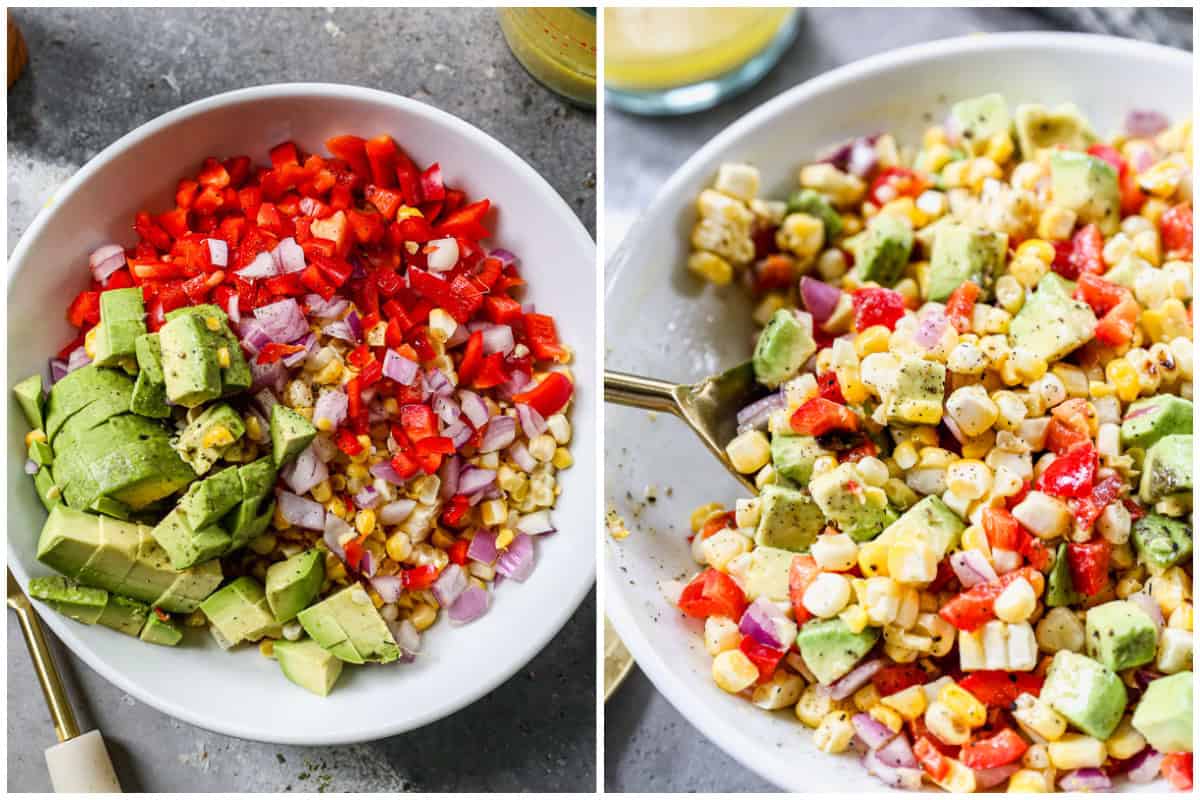 Two images showing all the ingredients in a bowl for a summer corn salad, then after the dressing is added and it's tossed together. 