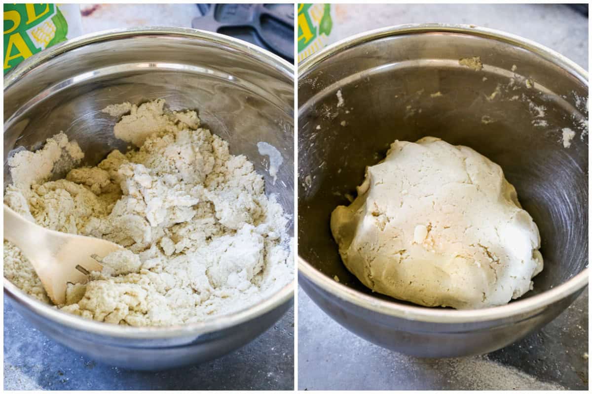 Two images showing masa harina and salt being combined in a bowl then after water is added to make a dough for easy corn tortillas.