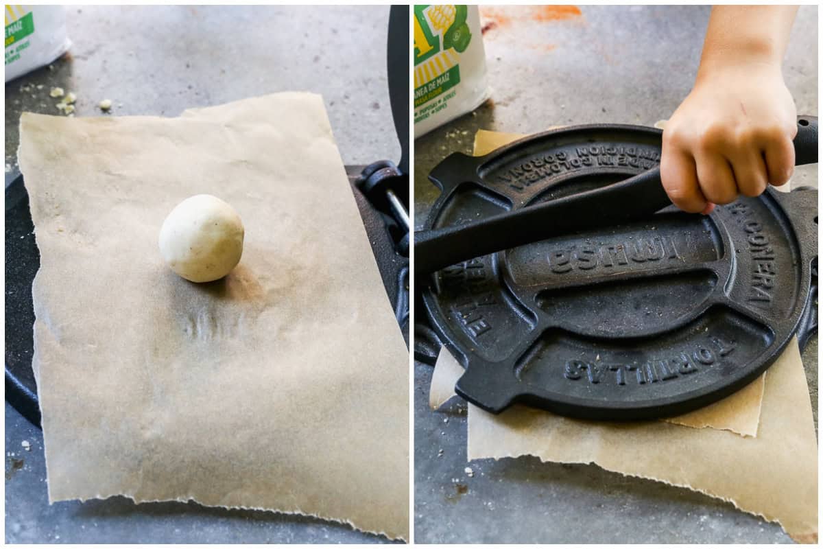 Two images showing how to make corn tortillas with a tortilla press.