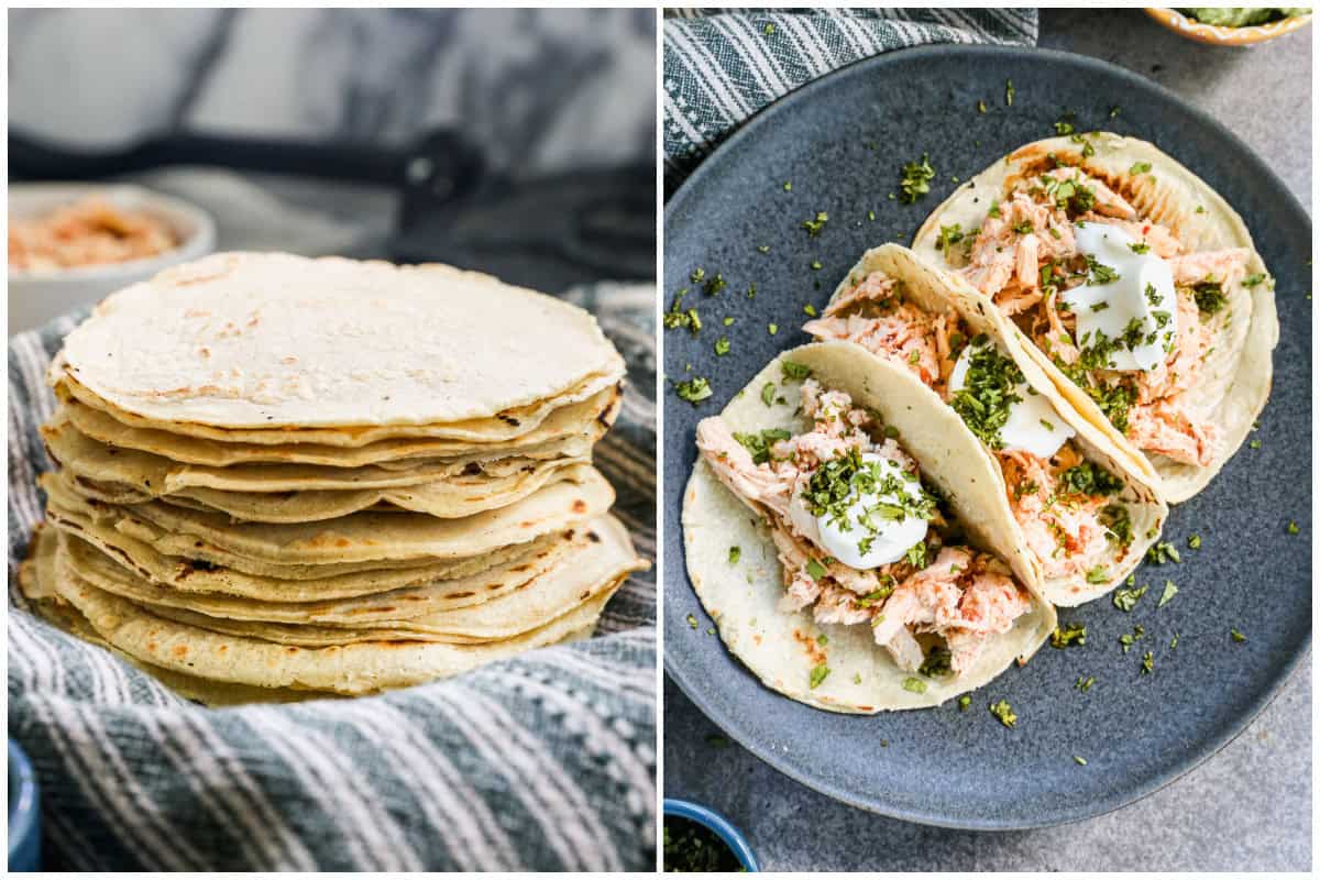 Two images showing a stack of the best corn tortillas then three of them filled with chicken, sour cream, and herbs.