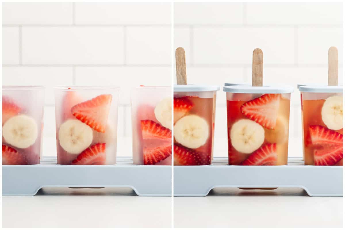 Two images showing how to make fruit pops by adding fresh fruit to a popsicle mold, then after pouring in apple juice and adding the lids and popsicle sticks.