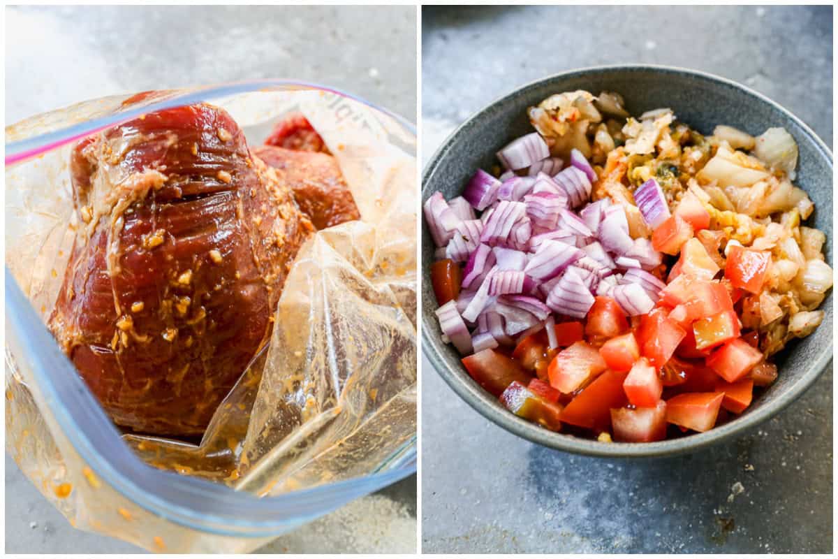 Two images showing a marinated flank steak in a ziploc bag and all the ingredients needed for a simple kimchi salsa in a bowl.