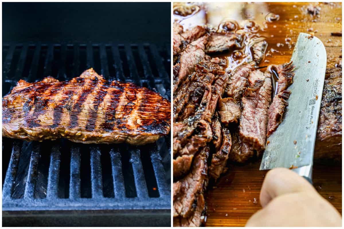 Two images showing a flank steak being grilled then sliced into thin strips for a Korean taco recipe.