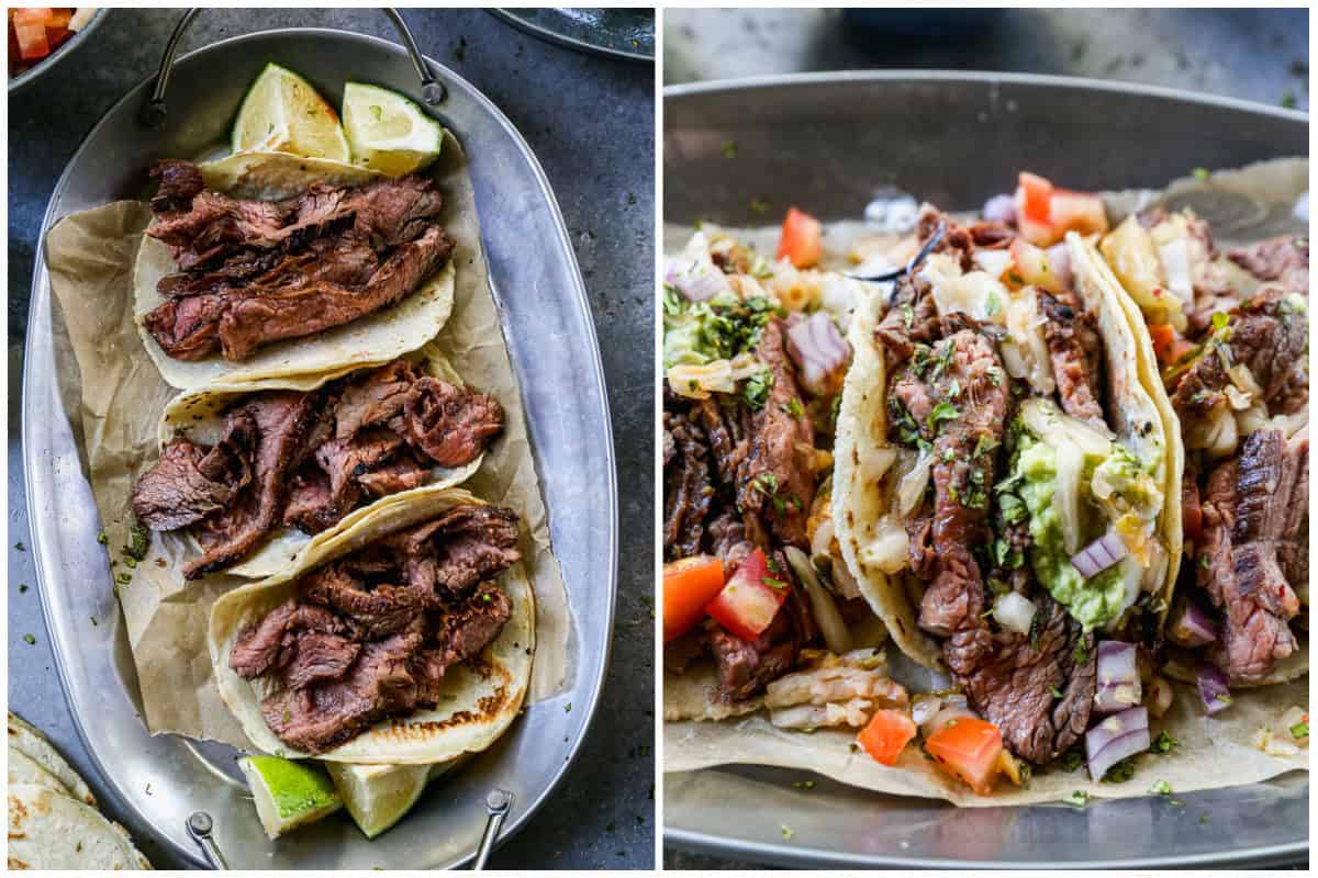 Two images showing Korean style beef tacos being assembled, first with the sliced steak then after all the toppings are on and ready to serve.