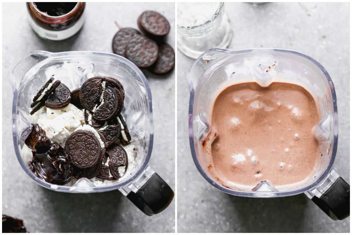 Two images showing how to make an Oreo milkshake at home by blending Oreos, ice cream, milk, and hot fudge sauce. 
