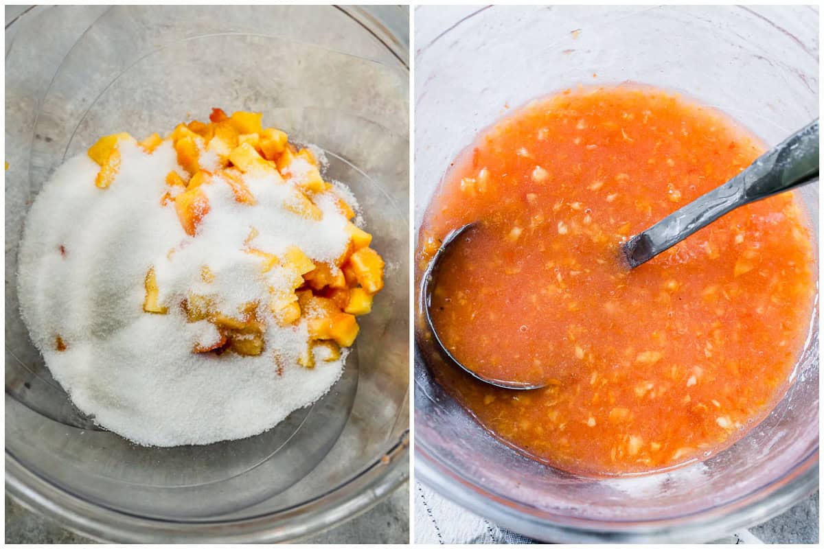 Two images showing how to make an easy peach jam recipe by pouring sugar on top of diced peaches, then stirring as the sugar dissolves. 